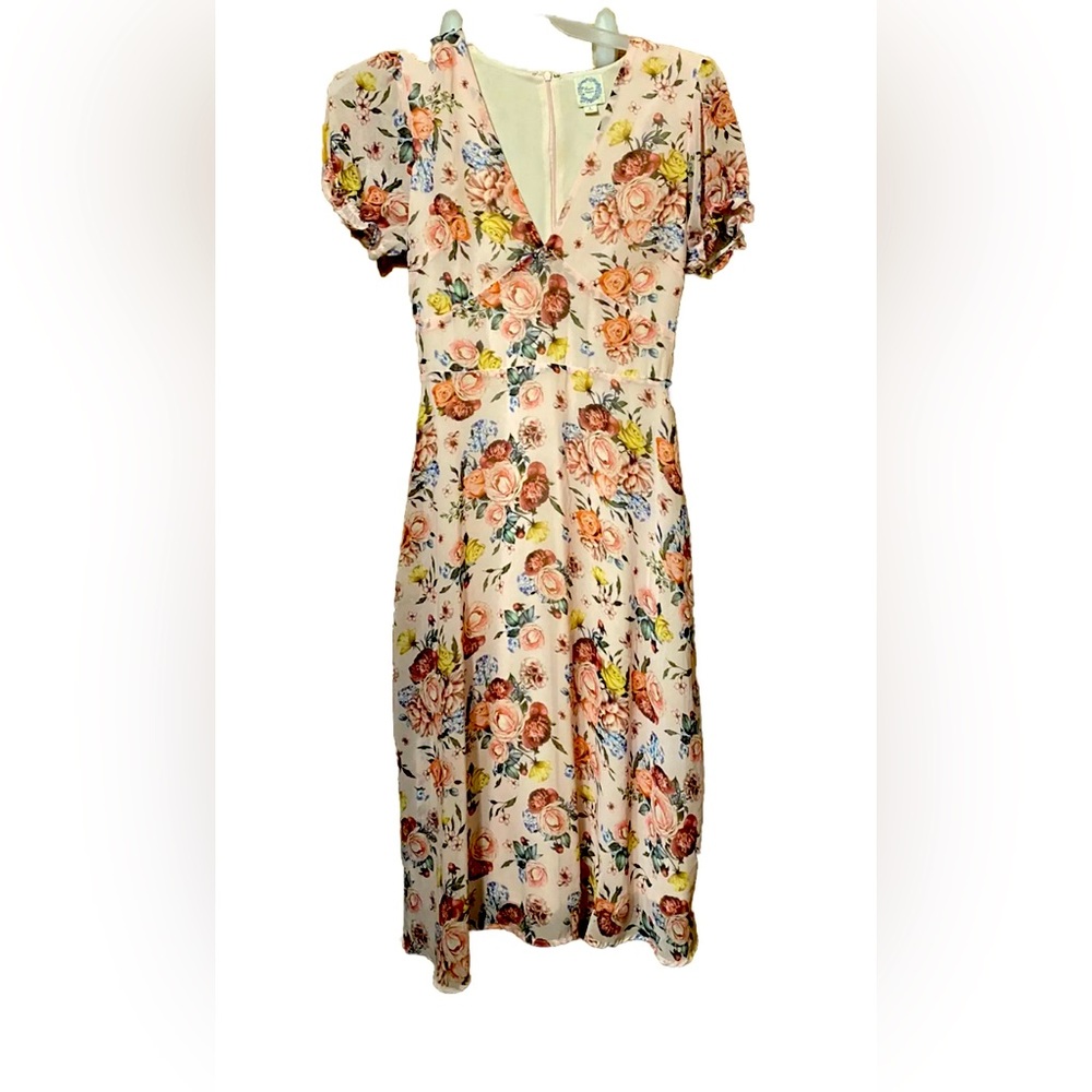 Blue Rain Floral Ruffle Puffy Sleeve Zip Up V Neck Dress